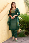Jyoti Fashion Women's Bottle Green 14KG Rayon Foil Print with Embroidery Kurta Set | Grocsy