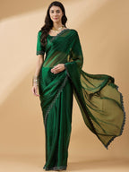 Green Organza Swaroski Diamond Work Saree with Unstitched Blouse - Radha | Grocsy