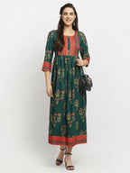 Rudra Bazaar Green Yoke Designed Flared Ethnic Kurta | Grocsy