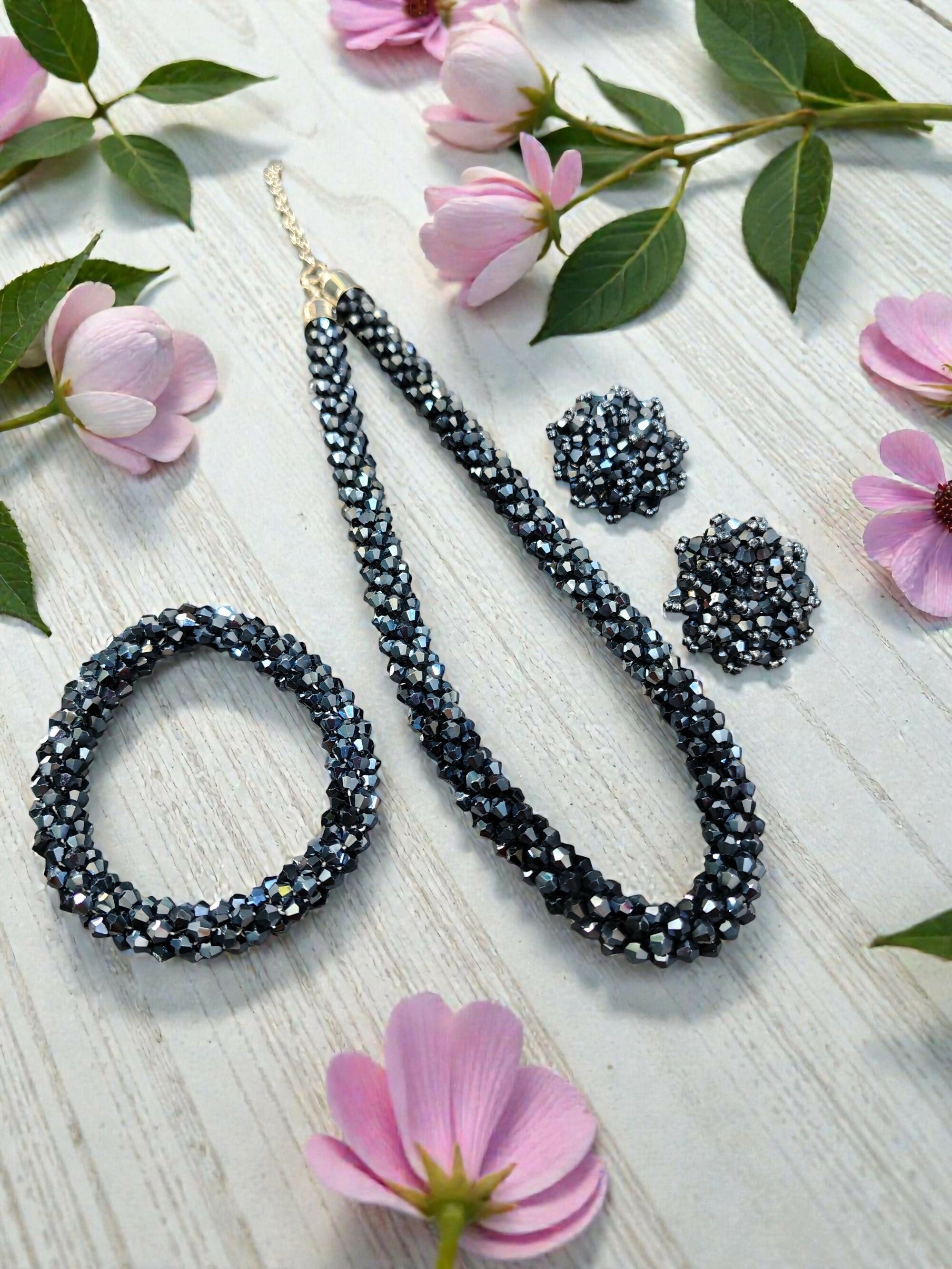 Inhanns Complete Look Crystal Statement 3-Piece Set (Adjustable Necklace + Earrings + Adjustable Bangle ) - Navy Blue | Grocsy