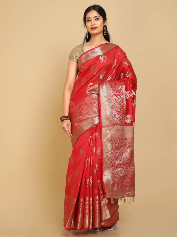Kalamandir Zari Paisleys Red Silk Blend Saree | Grocsy