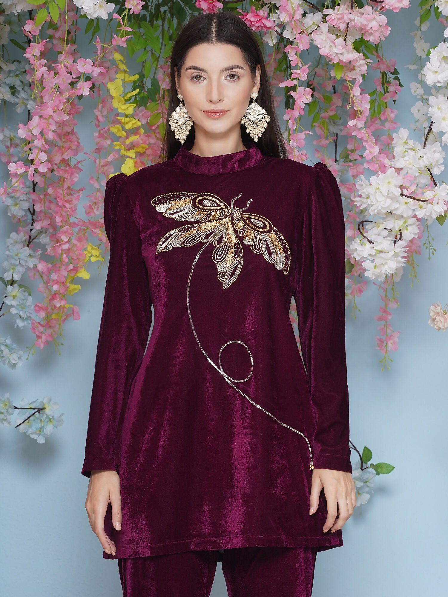 Joban Fashion Wine Velvet Hand Embellished Coord Set | Grocsy