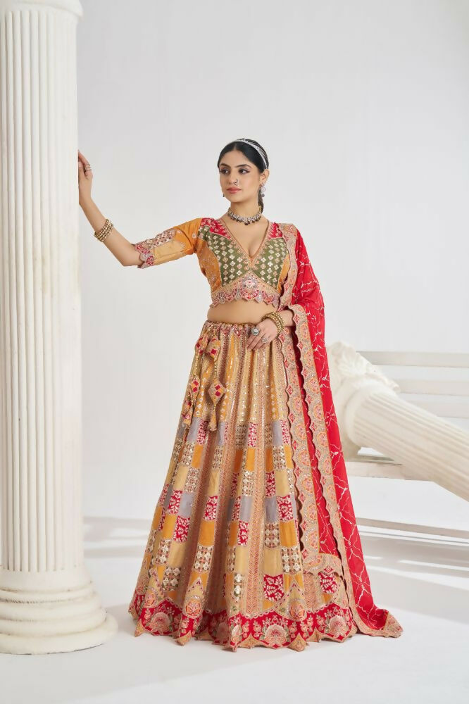 Kesar Fab Mustard Silk Embroidered Lehenga | Grocsy