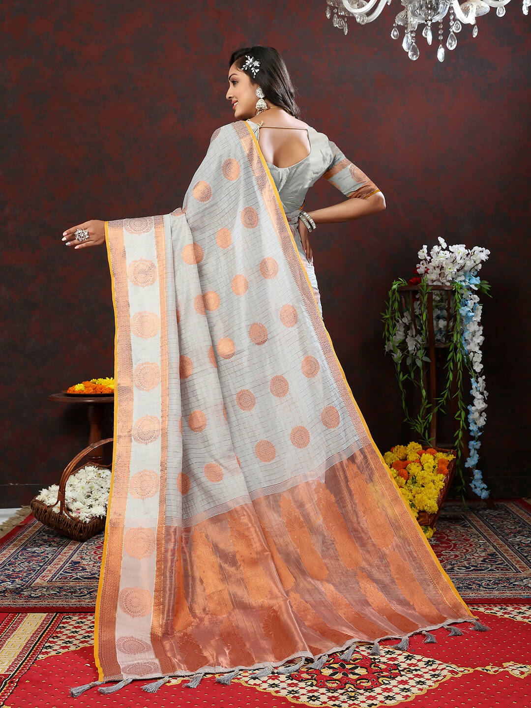 Lorenvalley Fashion Grey Cotton with Woven Design Zari Weaving Saree | Grocsy