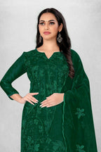 Dark Green Heavy Organza Silk Embroidered Unstitched Dress Material - Amara | Grocsy