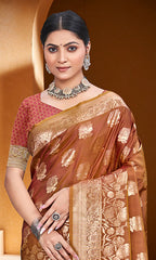 Sangam Prints Rust Orange Silk Woven Work Traditional Saree | Grocsy