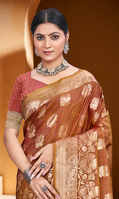 Sangam Prints Rust Orange Silk Woven Work Traditional Saree | Grocsy