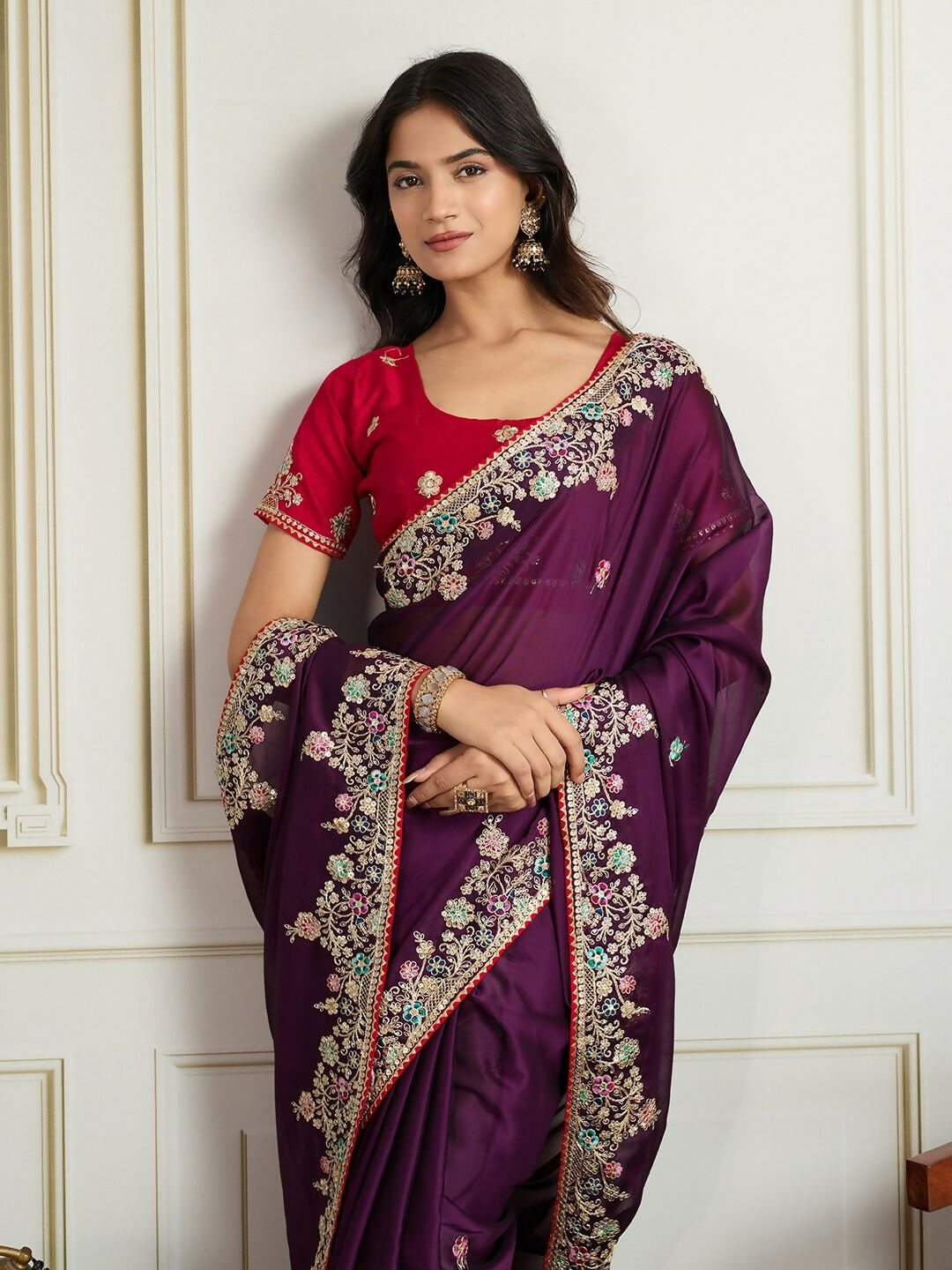 Ai Fashion Wine Rangoli Silk Embroidery Party Wear Saree | Grocsy