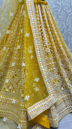 Jyoti Fashion Women's Yellow Net Patterned Thread Embroidered with Sequins Wedding Lehenga Choli | Grocsy