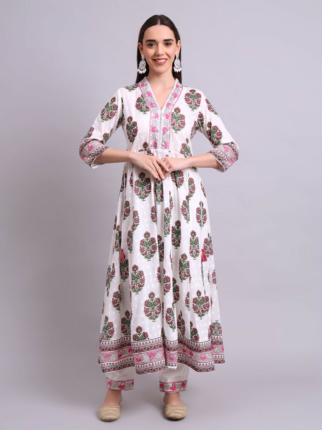 Joban Fashion Off White Cotton Buta Printed & Embroidery Work Anarkali Kurta With Trousers & Dupatta Set | Grocsy