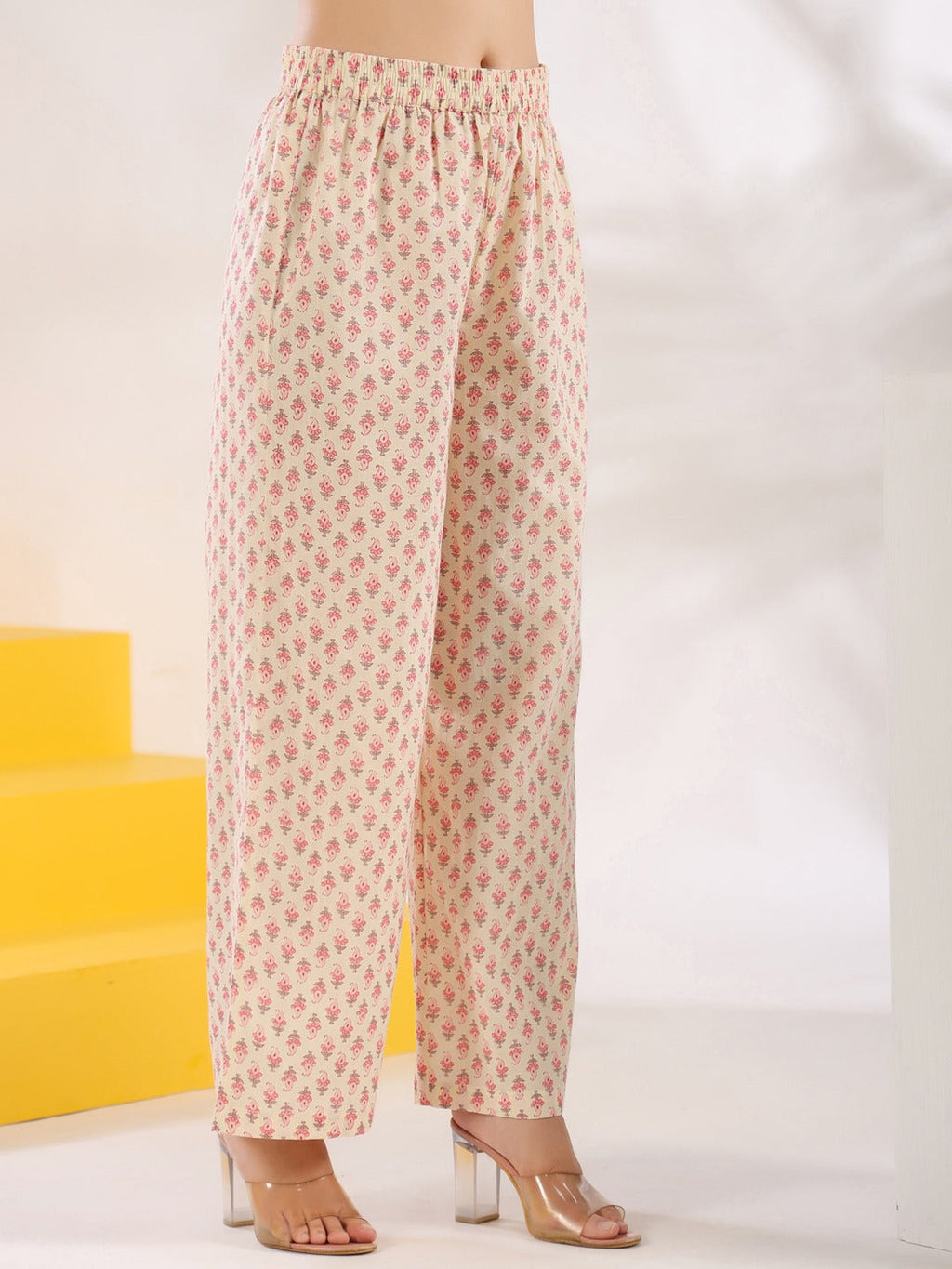 Yufta Cream And Pink Pure Cotton Floral Print A-Line Kurta Trouser Set | Grocsy