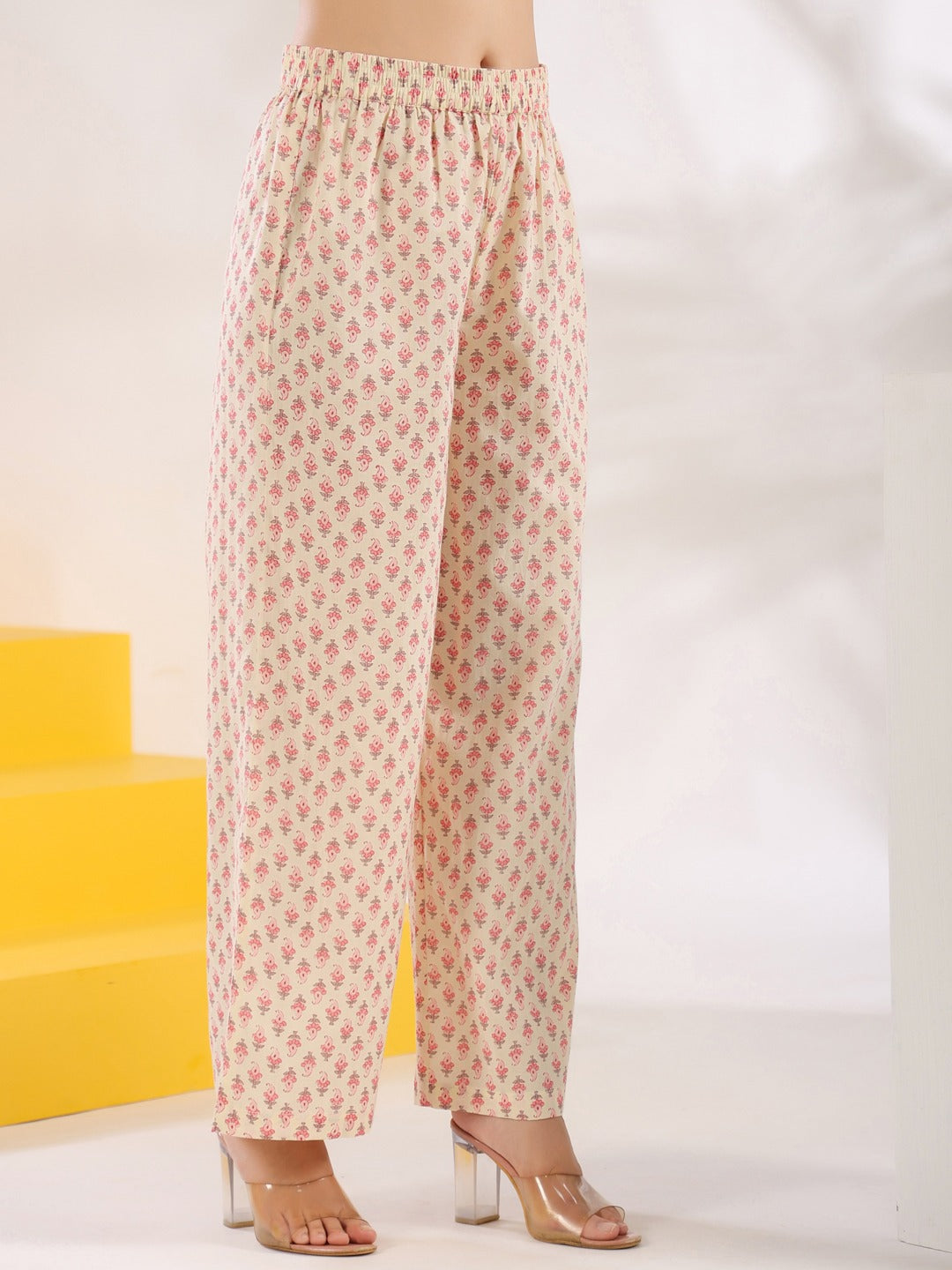 Yufta Cream And Pink Pure Cotton Floral Print A-Line Kurta Trouser Set | Grocsy