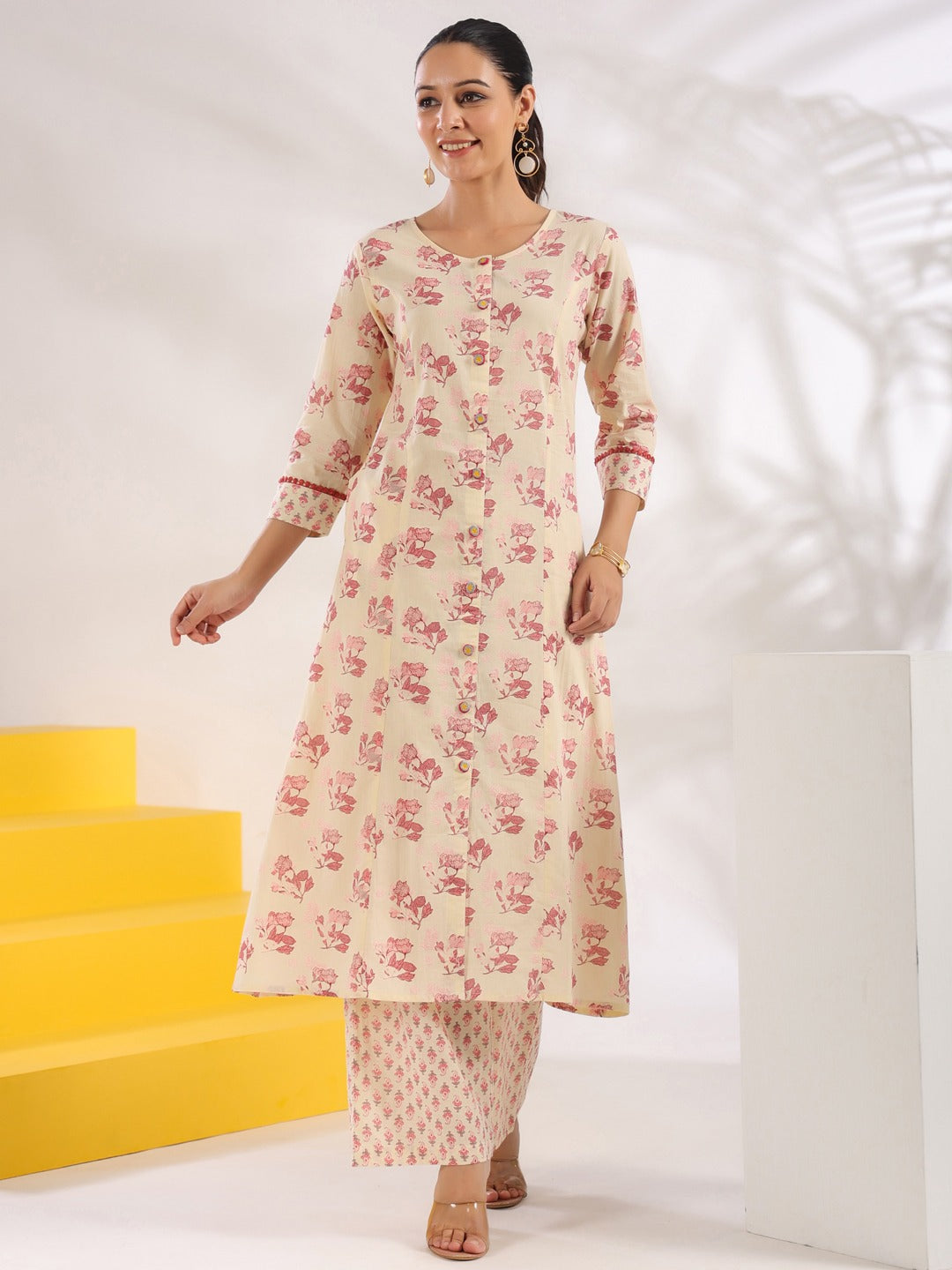 Yufta Cream And Pink Pure Cotton Floral Print A-Line Kurta Trouser Set | Grocsy
