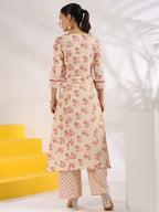Yufta Cream And Pink Pure Cotton Floral Print A-Line Kurta Trouser Set | Grocsy
