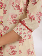 Yufta Cream And Pink Pure Cotton Floral Print A-Line Kurta Trouser Set | Grocsy