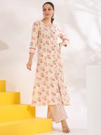 Yufta Cream And Pink Pure Cotton Floral Print A-Line Kurta Trouser Set | Grocsy