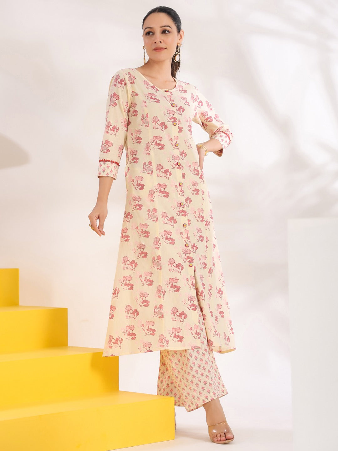 Yufta Cream And Pink Pure Cotton Floral Print A-Line Kurta Trouser Set | Grocsy