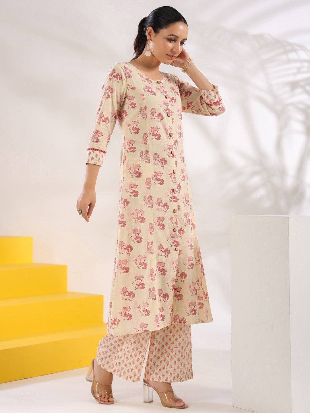 Yufta Cream And Pink Pure Cotton Floral Print A-Line Kurta Trouser Set | Grocsy