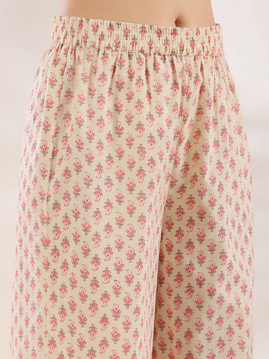 Yufta Cream And Pink Pure Cotton Floral Print A-Line Kurta Trouser Set | Grocsy