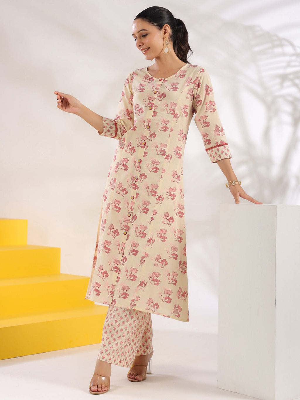 Yufta Cream And Pink Pure Cotton Floral Print A-Line Kurta Trouser Set | Grocsy
