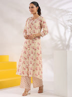 Yufta Cream And Pink Pure Cotton Floral Print A-Line Kurta Trouser Set | Grocsy