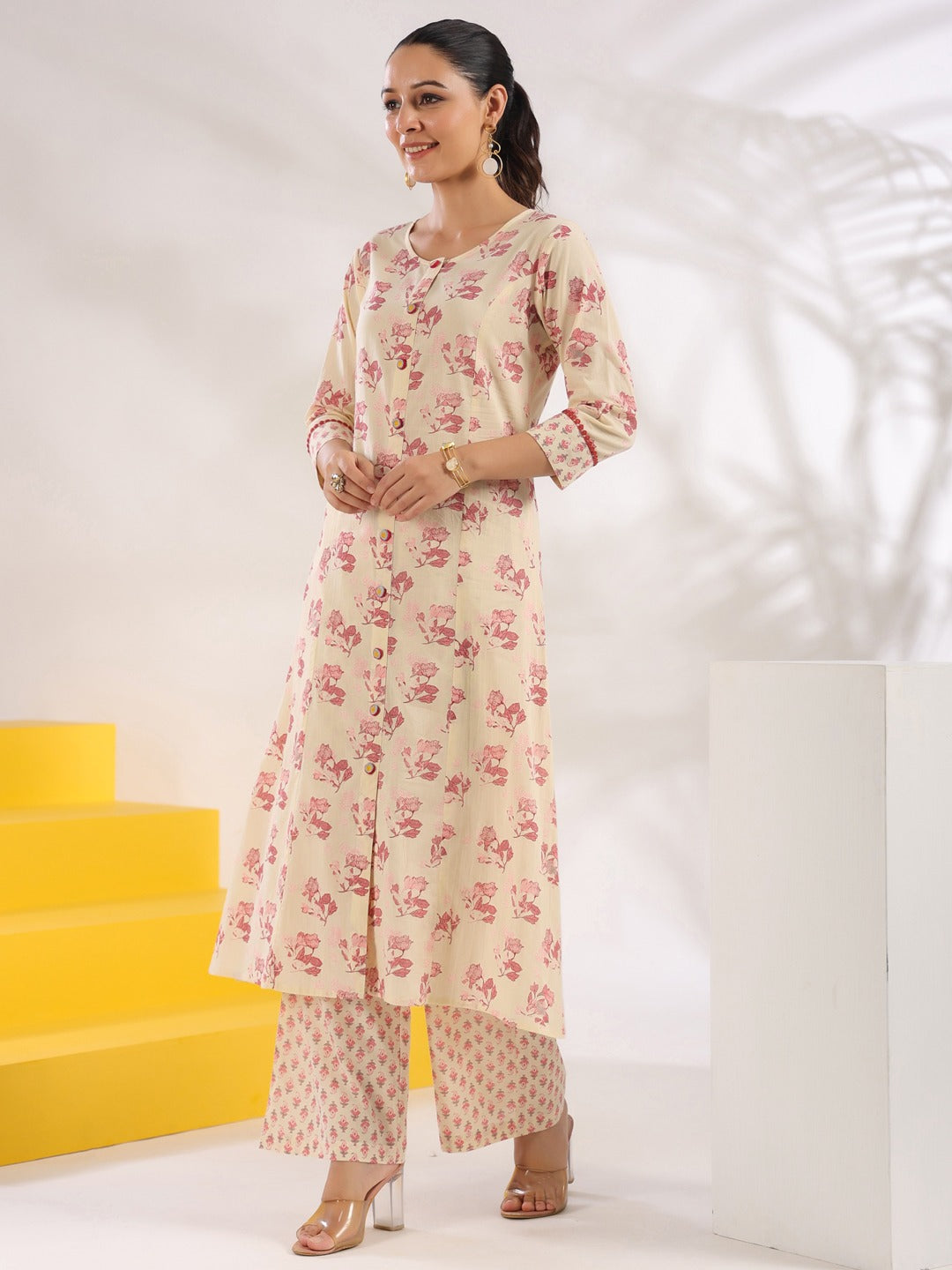Yufta Cream And Pink Pure Cotton Floral Print A-Line Kurta Trouser Set | Grocsy