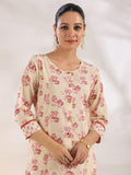 Yufta Cream And Pink Pure Cotton Floral Print A-Line Kurta Trouser Set | Grocsy