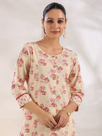 Yufta Cream And Pink Pure Cotton Floral Print A-Line Kurta Trouser Set | Grocsy