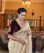 Evanik Cream Crush Tissue Silk Saree with Velvet Embroidery Stitched Blouse | Grocsy