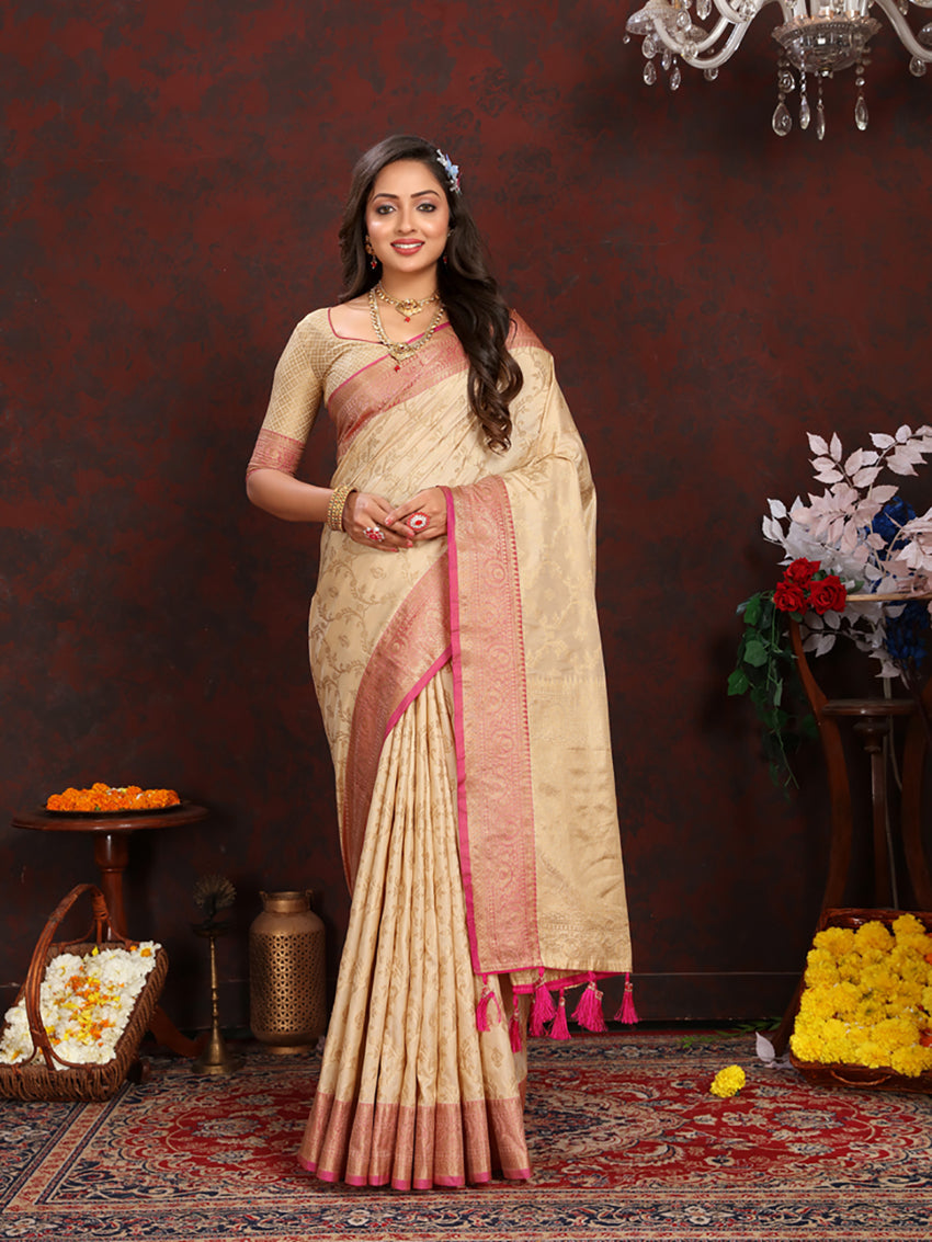 Lorenvalley Fashion Cream Soft Katan Silk Woven Design Zari Weaving Pallu Saree | Grocsy