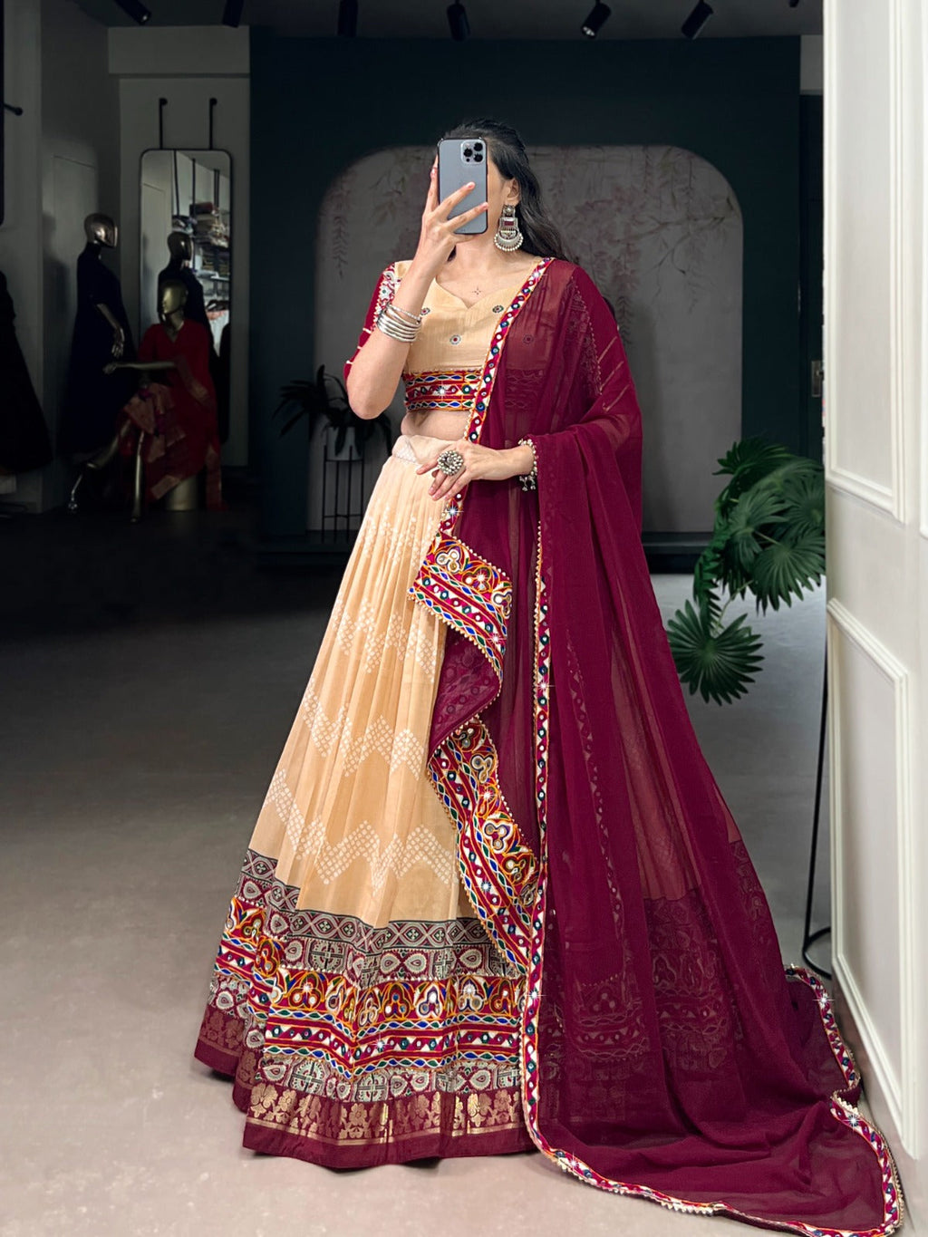 Lorenvalley Fashion Cream Tasar Silk Print with Foil Work and Real Mirror Gamthi Work with Lace Touch Up Lehenga Choli with Dupatta | Grocsy