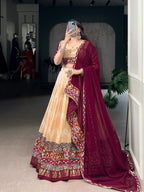 Lorenvalley Fashion Cream Tasar Silk Print with Foil Work and Real Mirror Gamthi Work with Lace Touch Up Lehenga Choli with Dupatta | Grocsy