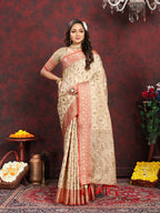 Lorenvalley Fashion Cream Soft Katan Silk Woven Design Rich Zari Weaving Pallu Saree | Grocsy