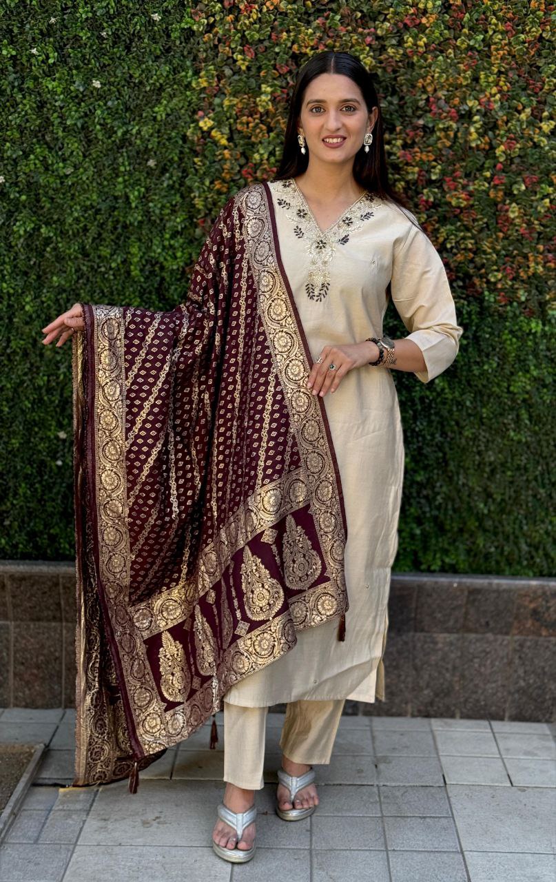 Lorenvalley Fashion Cream Roman Silk Hand Work Kurta Pant with Dupatta | Grocsy