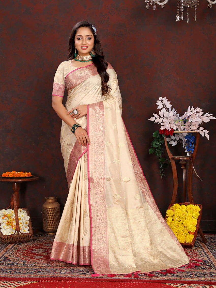 Lorenvalley Fashion Cream Soft Katan Silk Woven Design Zari Weaving Pallu Saree | Grocsy
