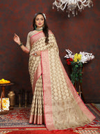 Lorenvalley Fashion Cream Soft Katan Silk Woven Design Rich Zari Weaving Pallu Saree | Grocsy