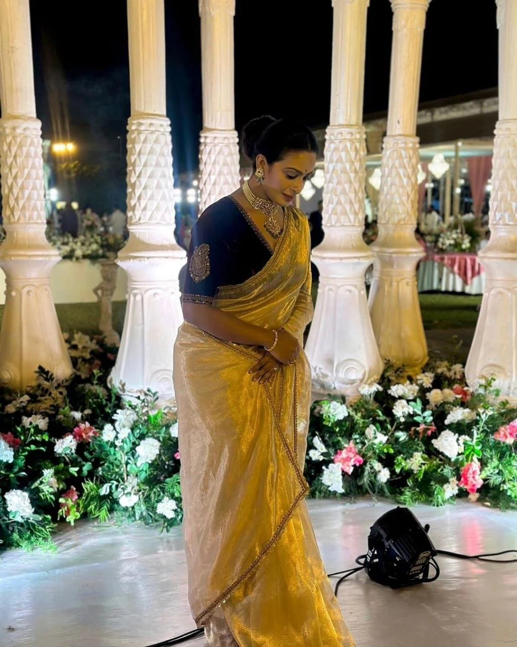 Evanik Cream Crush Tissue Silk Saree with Velvet Embroidery Stitched Blouse | Grocsy