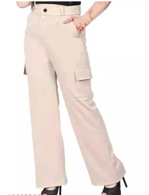 PAVONINE Cream Color Cotrise Fabric With 4 pockets Cargo/Trousers For Girls & Women | Grocsy