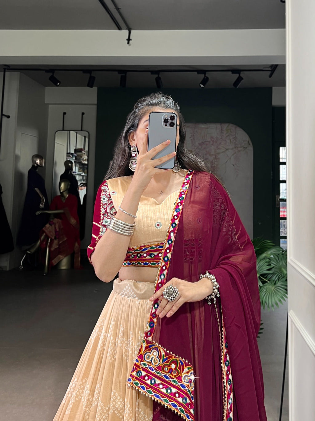 Lorenvalley Fashion Cream Tasar Silk Print with Foil Work and Real Mirror Gamthi Work with Lace Touch Up Lehenga Choli with Dupatta | Grocsy