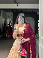 Lorenvalley Fashion Cream Tasar Silk Print with Foil Work and Real Mirror Gamthi Work with Lace Touch Up Lehenga Choli with Dupatta | Grocsy