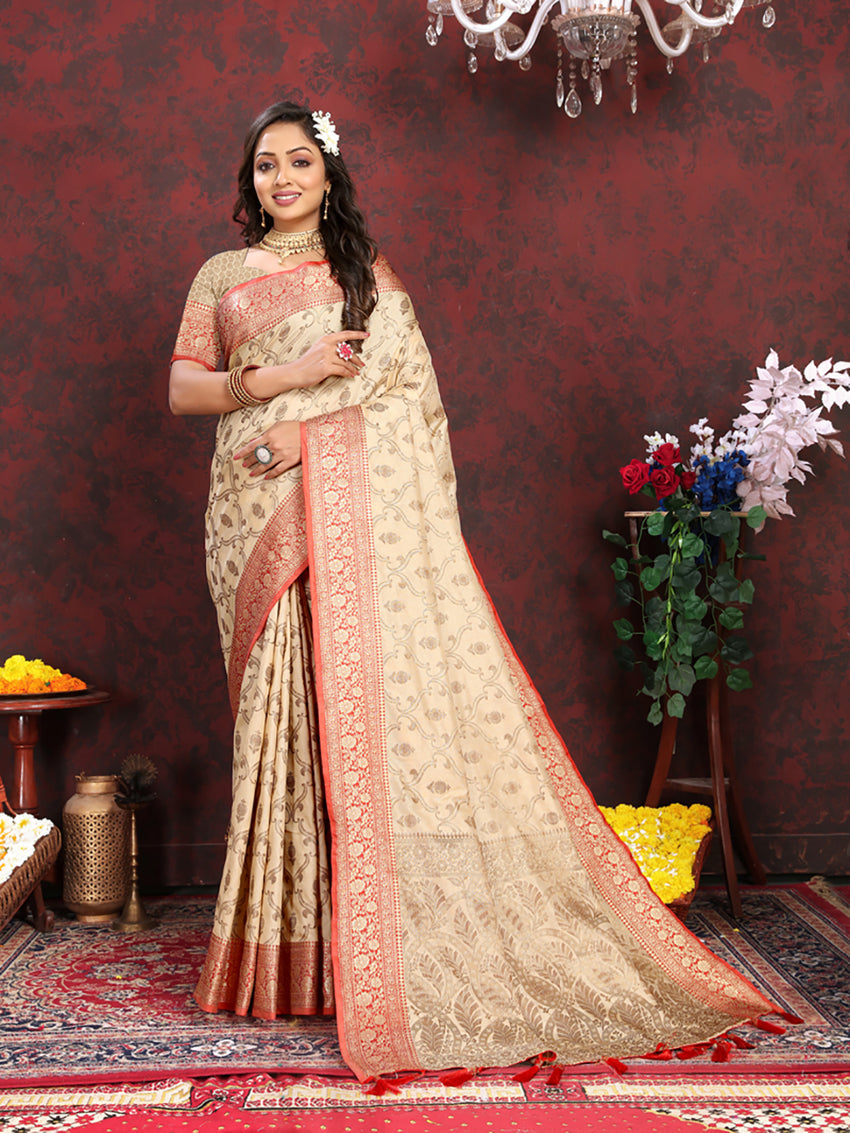 Lorenvalley Fashion Cream Soft Katan Silk Woven Design Rich Zari Weaving Pallu Saree | Grocsy
