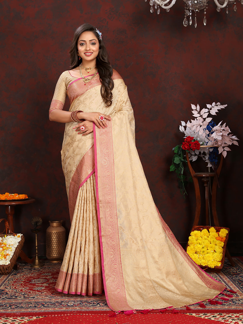 Lorenvalley Fashion Cream Soft Katan Silk Woven Design Zari Weaving Pallu Saree | Grocsy