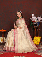 Lorenvalley Fashion Cream Soft Katan Silk Woven Design Zari Weaving Pallu Saree | Grocsy