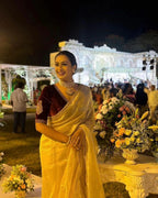 Evanik Cream Crush Tissue Silk Saree with Velvet Embroidery Stitched Blouse | Grocsy