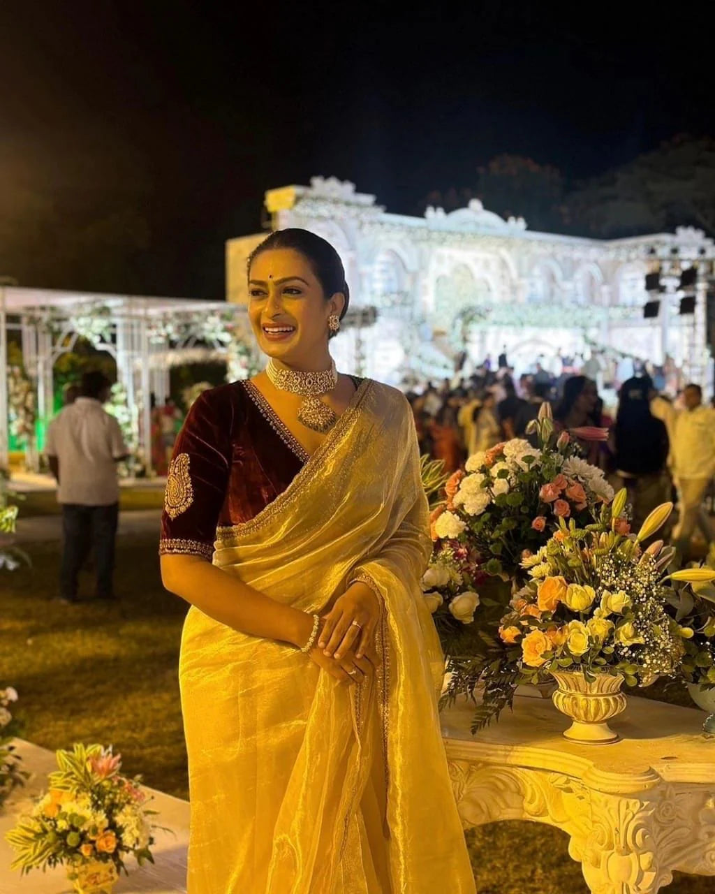 Evanik Cream Crush Tissue Silk Saree with Velvet Embroidery Stitched Blouse | Grocsy