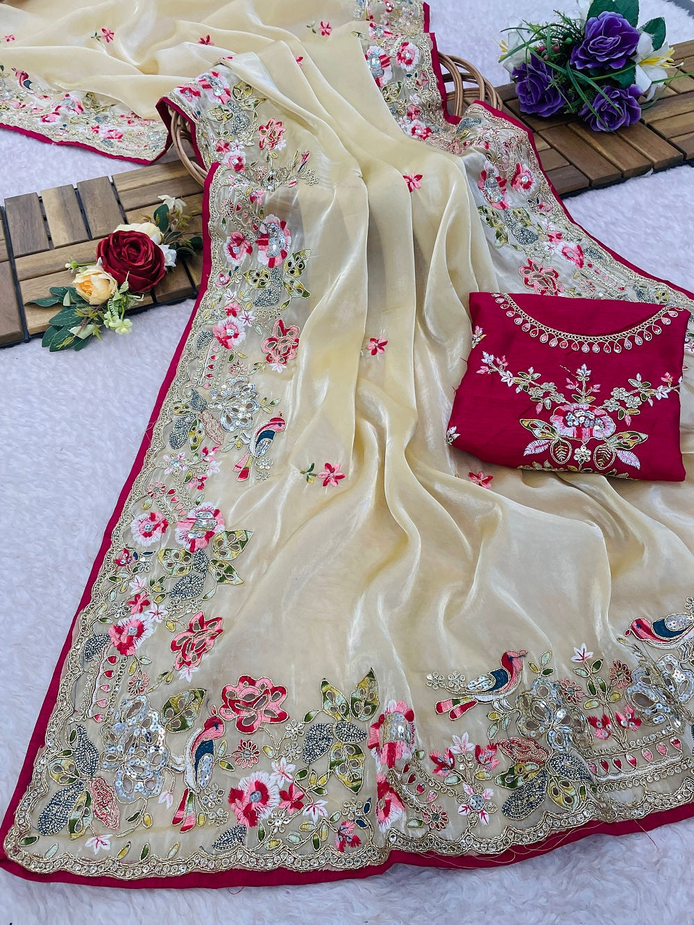 Evanik Pure soft zimmy choo silk embroidery Sequence work Saree with UnStitched Blouse | Grocsy