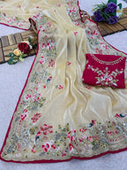 Evanik Pure soft zimmy choo silk embroidery Sequence work Saree with UnStitched Blouse | Grocsy