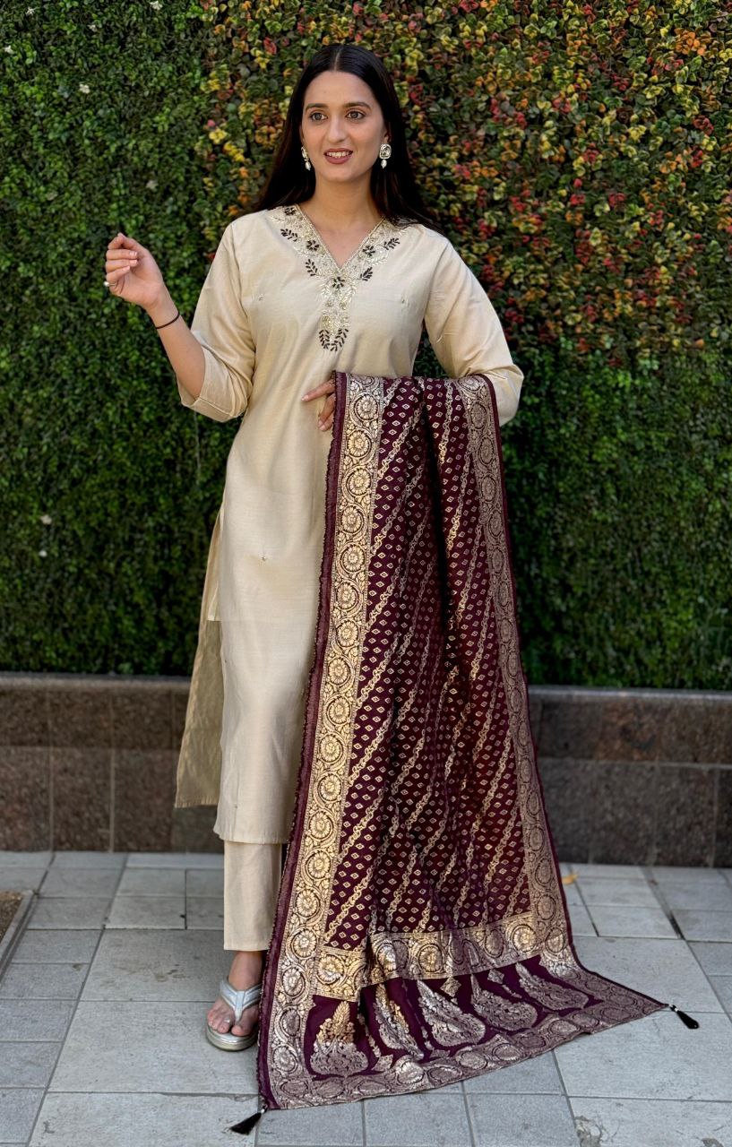 Lorenvalley Fashion Cream Roman Silk Hand Work Kurta Pant with Dupatta | Grocsy