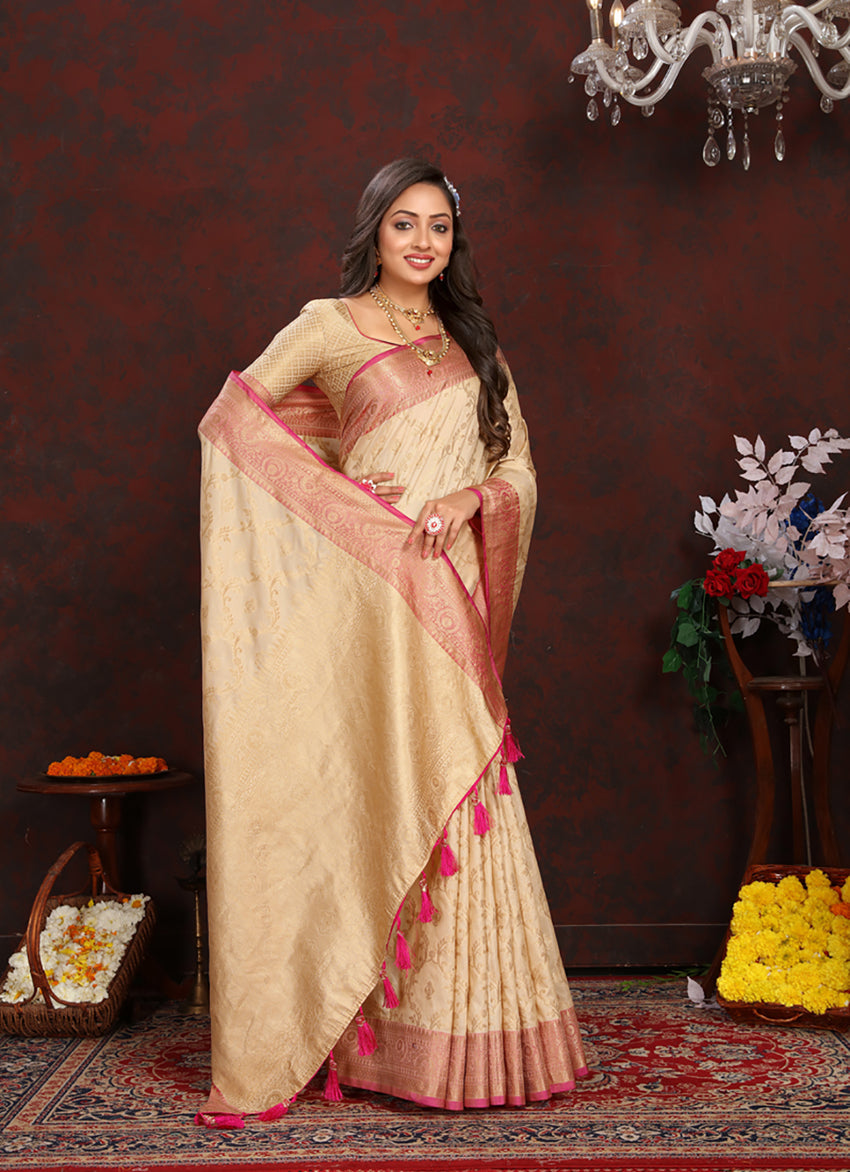 Lorenvalley Fashion Cream Soft Katan Silk Woven Design Zari Weaving Pallu Saree | Grocsy