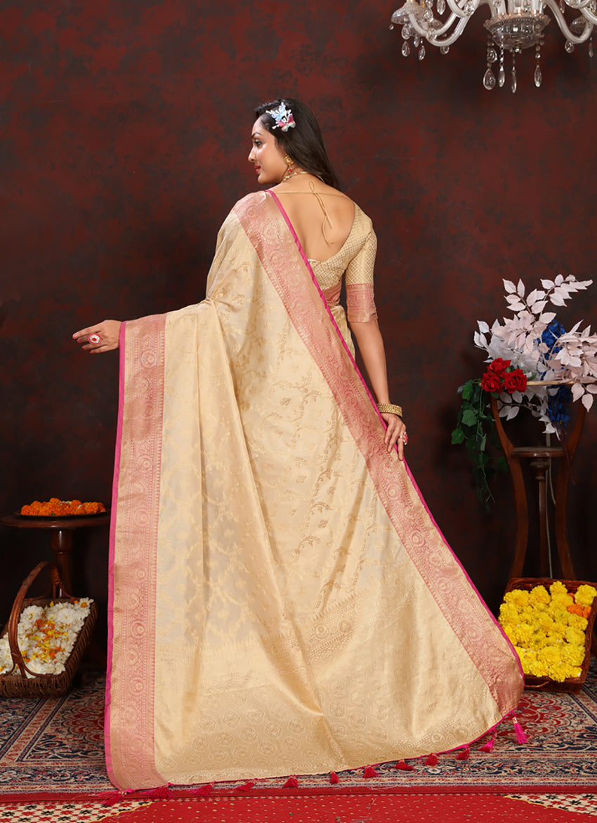 Lorenvalley Fashion Cream Soft Katan Silk Woven Design Zari Weaving Pallu Saree | Grocsy